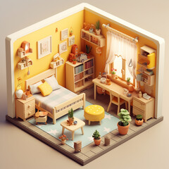 Detailed 3d render illustration of isometric block of Small Children's room interior. Generative Ai