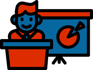 Obraz premium Businessman Presenting Chart Icon In Blue And Red Color.