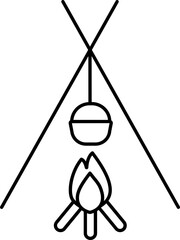 Pot On Campfire Icon In Black Line Art.