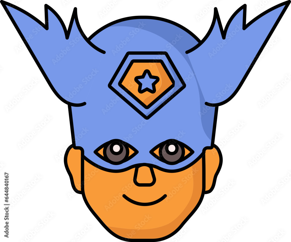 Poster superhero wings helmet wearing man face orange and blue icon.