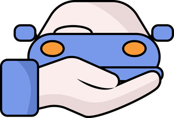 Hand Holding Car Icon Or Symbol In Pink And Blue Color.
