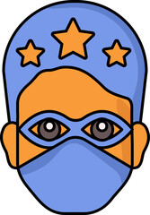 Superhero Helmet Wearing Man Face Orange And Blue Icon In Fat Style.