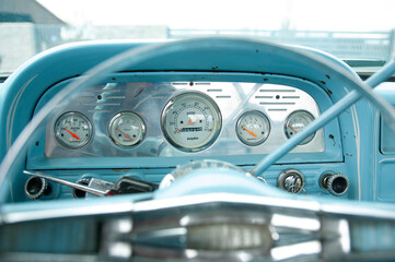 Fototapeta premium blue old classic pickup for the winter road