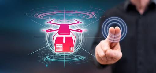 Man touching a drone delivery concept
