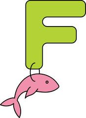 Letter F For Fish Icon In Green And Pink Color.