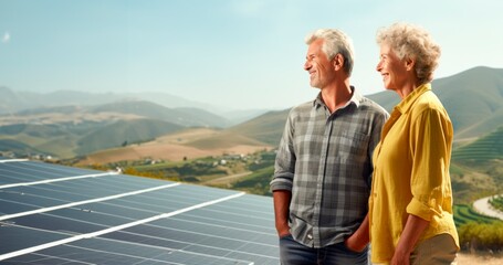 Generated imagemature  couple stand in front of a solar panels - obrazy, fototapety, plakaty