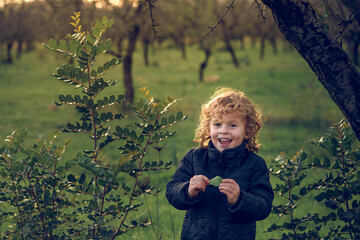 Cheerful boy standing near bushes