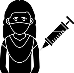 Female Vaccination Icon In B&W Color.