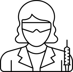 Syring And Female Doctor or Scientist Icon In Line Art.