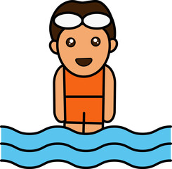 Swimming Eyeglasses Wear Boy Standing In Water Colorful Icon.