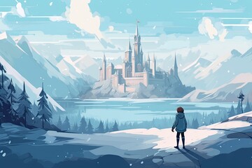 little child walk to big castle in winter landscape illustration