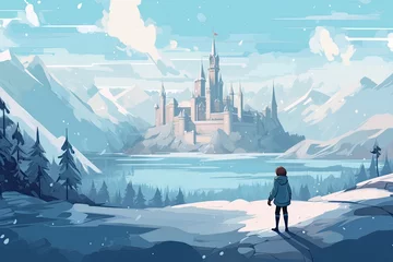 Crédence de cuisine en verre imprimé Pool little child walk to big castle in winter landscape illustration