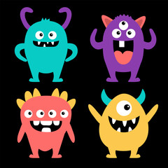 Happy Halloween. Cute monster set. Colorful silhouette monsters. Cartoon kawaii funny boo character. Cute face with teeth, horns, eyes. Childish baby collection. Flat design. Black background.