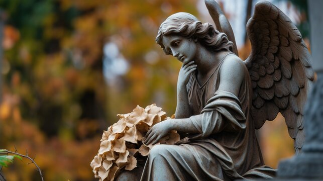 Background image for caption and fragment of sad winged angel statue