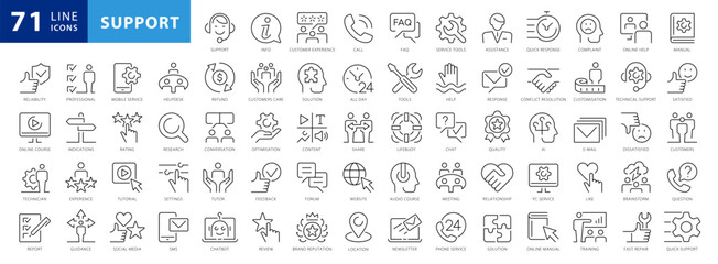 Customer Service and Support, Black and White Thin Line Icon Set. Outline Style Icon Set contains such Icons as Satisfaction, Support, Helpdesk, Response, Feedback, FAQ and more. Full Vector icons set - 644846774