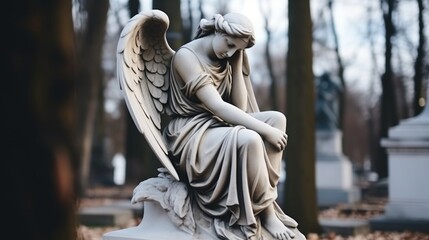 Background image for caption and fragment of sad winged angel statue - obrazy, fototapety, plakaty