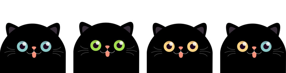 Black cat set. Funny kitten. Face head silhouette. Blue, yellow, green eyes. Cute cartoon baby character. Kawaii pet animal. Pink nose, ears, tongue. Sticker print. Flat design. White background.