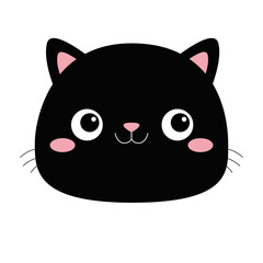 Black cat head silhouette icon. Cute cartoon baby character. Smiling face. Pink nose, ears, cheeks. Kawaii pet animal. Funny kitten. Sticker print. Flat design. White background.