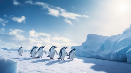 A group of penguins walking on ice, AI generated Image