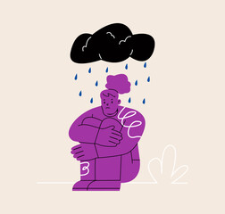 Psychology. Sad unhappy young woman sitting under the rain cloud. Colorful vector illustration