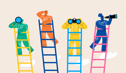 New employee  looks into the future at the top of ladder. New business ideas. Concept of choosing the direction of development. Colorful vector illustration © Stranger Man