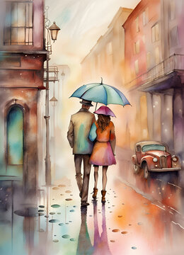 Watercolor rainy day background. Couple under a colourful umbrella walking in the rain. Wet town street. Amazing digital illustration. CG Artwork Background