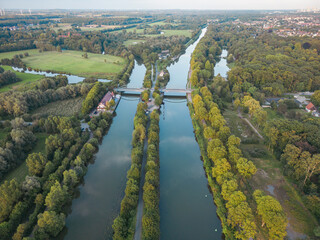 Aerial photo of the Lippe River, Germany. Trees near the Lippa River.