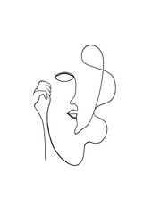 Black uninterrupted contour of half of a woman's face, a lock of hair and one hand raised to her face on a white background. The lines are drawn without taking your hands off. Illustration.