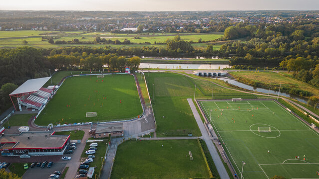 A bird's eye view of the soccer field.
