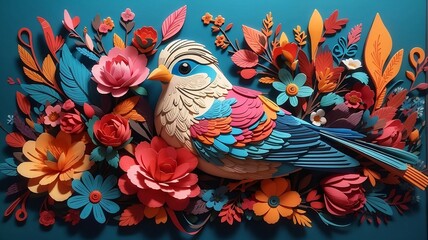 Obraz premium Elegance in 3D, A Captivating Abstract Background Illustration of Birds and Flowers