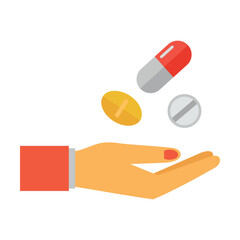 Medicine capsule pills falling into open palm. Taking medication to maintain health. Multicolored flat vector icon representing medicine items concept isolated on white background