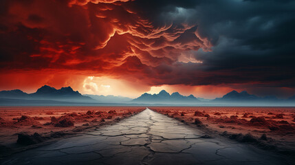 Apocalyptic clouds with road view through wasteland with mountains