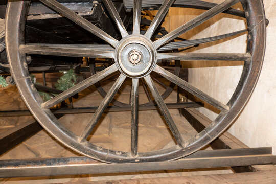 Wooden wheel of a horse-powered wagon