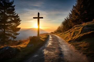 Radiant sunshine, Bible, and Christ's cross guide a brilliant path. Generative AI - obrazy, fototapety, plakaty