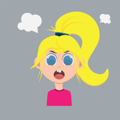 Graphic vector illustration of an angry girl with yellow hair on a gray background.