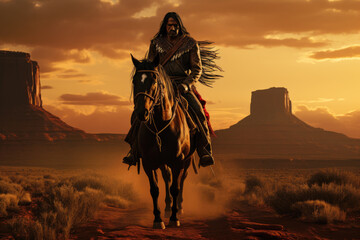Native american warrior riding a horse in the wild west desert, indigenous navajo indian man in traditional cloth - obrazy, fototapety, plakaty