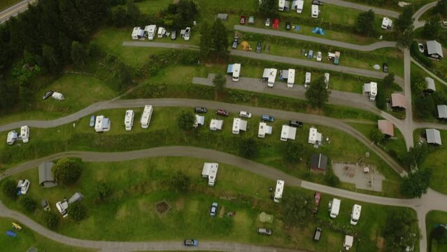 Scenic Summer Getaway in Rural Norway: Aerial View of Vacationers Camping in Fl&aring;m
