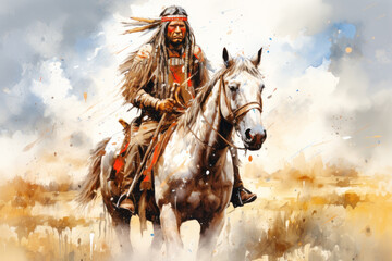 Native american man riding a horse in the wild west desert in watercolor, indigenous navajo indian in traditional cloth - obrazy, fototapety, plakaty