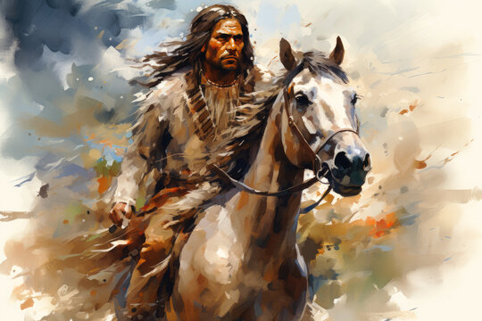 Native american man riding a horse in the wild west desert in watercolor, indigenous navajo indian in traditional cloth