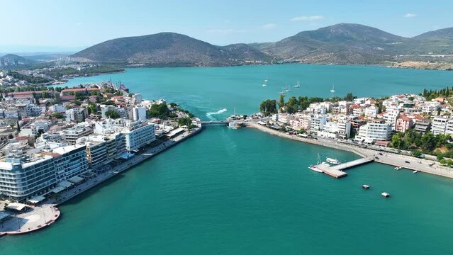 Aerial footage of the famous bridge in Chalcis, Greece