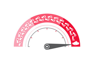Love level quality meter vector illustration with indicator, footprints. Romantic red love scale with red heart and indicator to use in valentines day, passion, wedding design projects. 