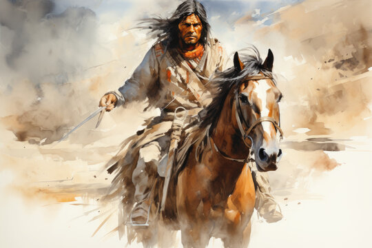 Native american man riding a horse in the wild west desert in watercolor, indigenous navajo indian in traditional cloth