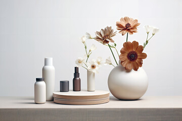 cosmetic products on a table next to a table with flowers and a flower stand.Created with generative Ai technology.	
