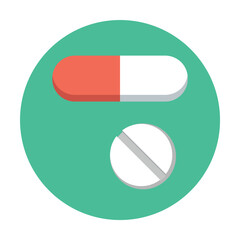 Round tablet and capsule vector. Medicine with active ingredient for treatment of patient diseases. Multicolored flat vector icon representing medicine items concept isolated on white background