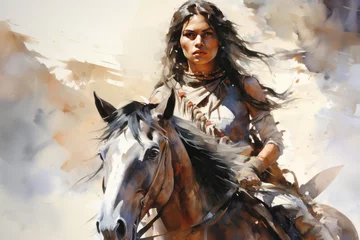 Poster Native american woman riding a horse in wild west in watercolor, young indigenous navajo indian in traditional cloth © pariketan