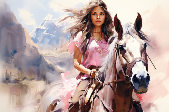Native american woman riding a horse in wild west in watercolor, young indigenous navajo indian in traditional cloth