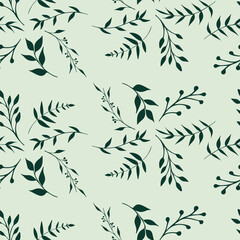 Vector graphic illustration of a seamless pattern of green branches on a green background.