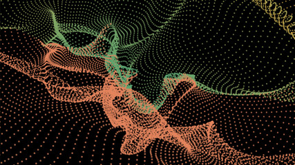 Energy net flows. Dot particle lines penetrating fog. Neon lights plexus of knots. Curved node row space infinity. Linking funnel universe parameters. Background information technology presentation.