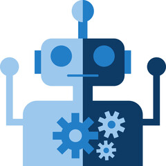 Flat Style Robot With Cogwheel Icon In Blue Color.