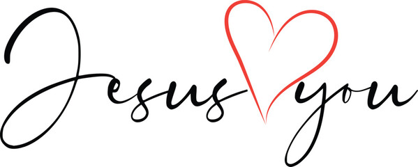 Jesus loves you red heart. Jesus loves you handwritten text. Christian quote black text. 